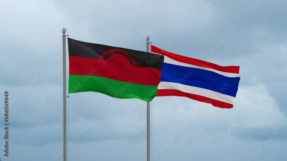 Kingdom of Thailand and Malawi flag waving together on cloudy sky, endless seamless loop, two country cooperation concept Kingdom of Thailand and Malawi flag waving together on cloudy sky, endless seamless loop, two country cooperation concept