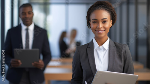 Young smiling woman standing with tablet against her colleagues in the office