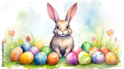 Super cute Easter bunny sitting on the green grass with colored eggs. Happy Easter greeting card concept. AI generated image © yekaterinalim