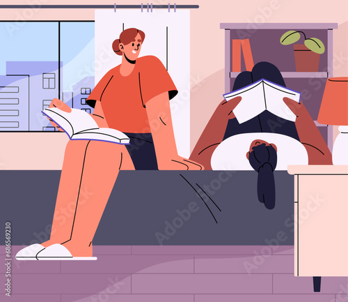 Roommate students prepare to examination together in dormitory. Young women reading books, learning at home. Neighbour girls do homework on bed indoor. University education. Flat vector illustration