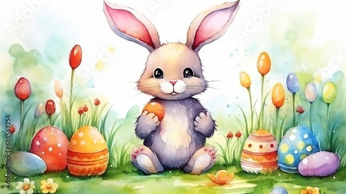 Super cute Easter bunny sitting on the green grass with colored eggs. Happy Easter greeting card concept. AI generated image