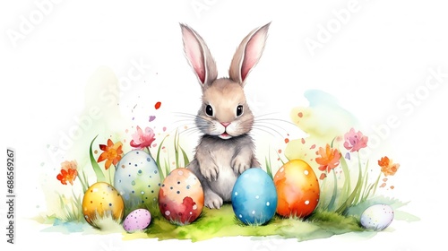 Super cute Easter bunny sitting on the green grass with colored eggs. Happy Easter greeting card concept. AI generated image