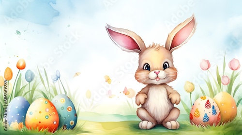 Super cute Easter bunny sitting on the green grass with colored eggs. Happy Easter greeting card concept. AI generated image