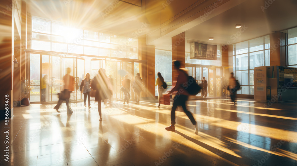 Busy indoor scene with blurred figures of people in motion Busy indoor scene with blurred figures of people in motion