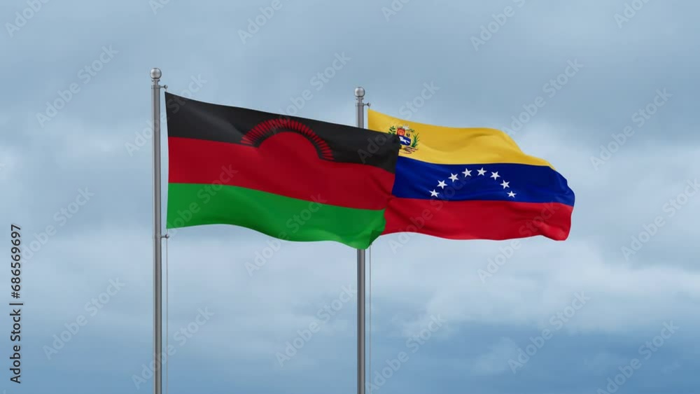 Venezuela and Malawi flag waving together on cloudy sky, endless seamless loop Venezuela and Malawi flag waving together on cloudy sky, endless seamless loop