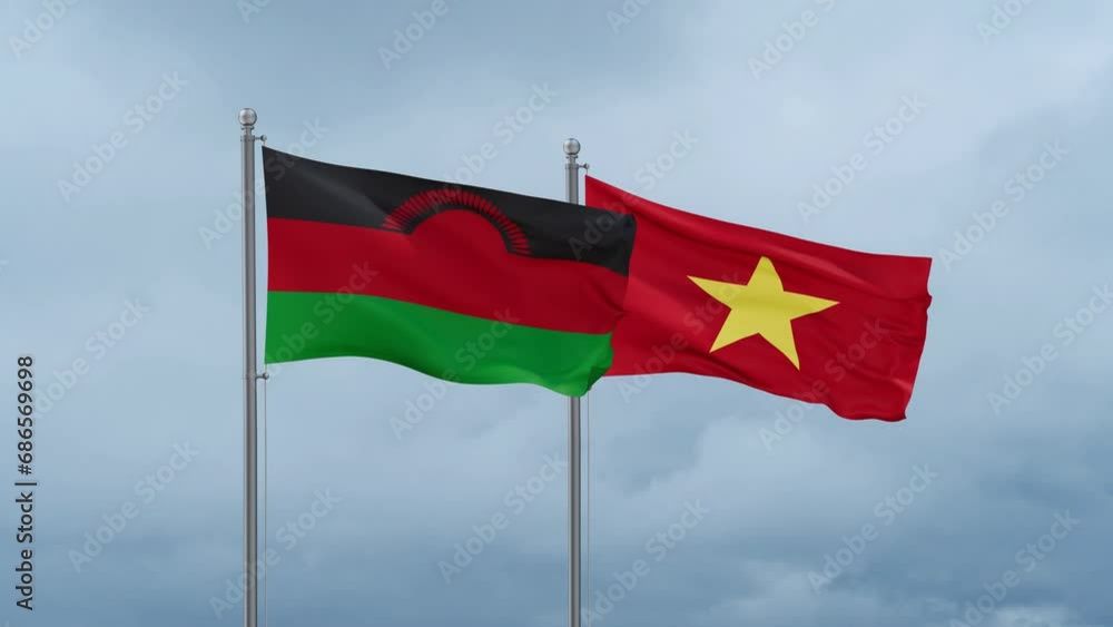 Vietnam and Malawi flag waving together on cloudy sky, endless seamless loop Vietnam and Malawi flag waving together on cloudy sky, endless seamless loop