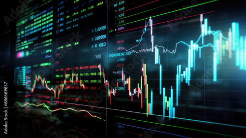 Close-up of a financial trading screen displaying market data with various colored candlestick charts, numerical values, and trend lines indicating stock performance. photo