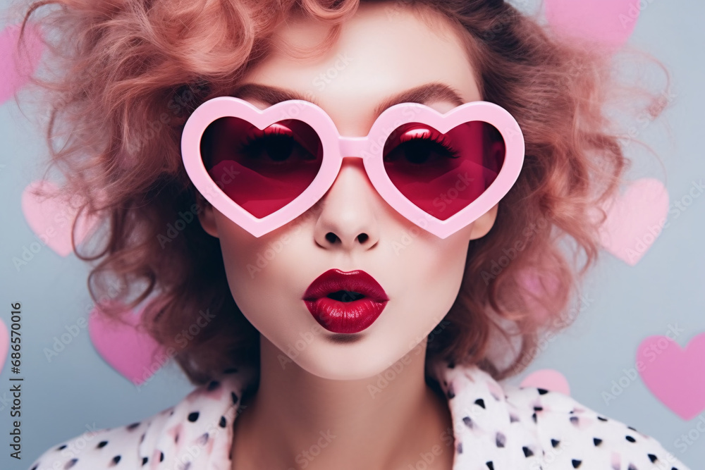 Face of beautiful woman with heart shaped glasses in front of studio backgund Face of beautiful woman with heart shaped glasses in front of studio backgund