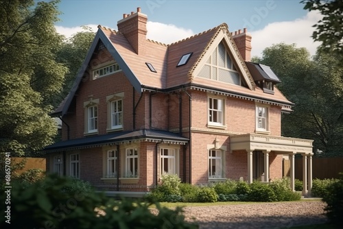 Exterior of private brick house with porch. Traditional style architecture