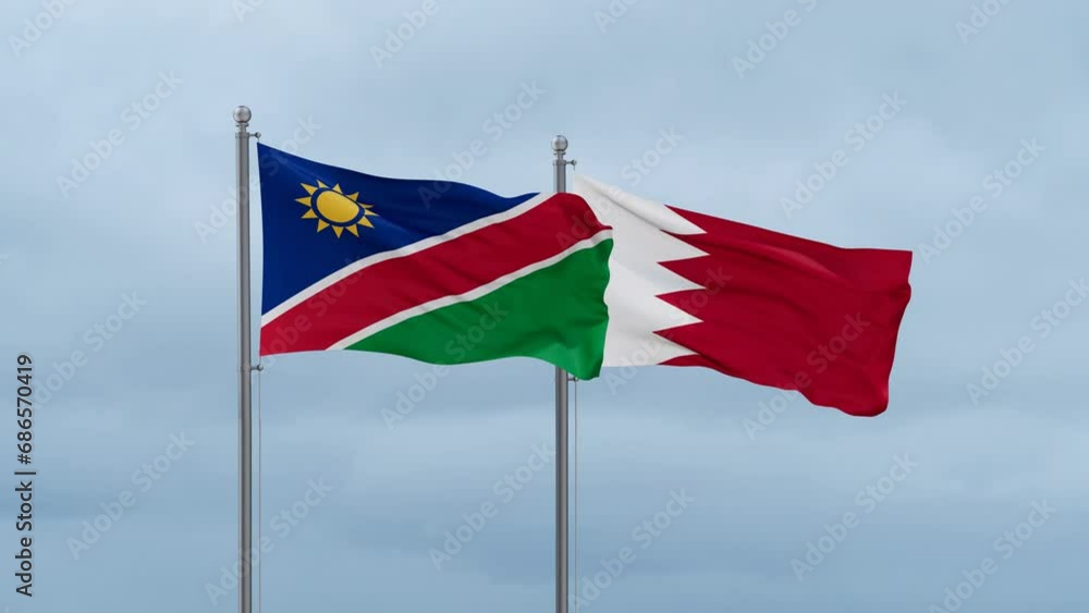 Bahrain flag and Namibia flag waving together on cloudy sky, endless seamless loop, two country relations concept Bahrain flag and Namibia flag waving together on cloudy sky, endless seamless loop, two country relations concept