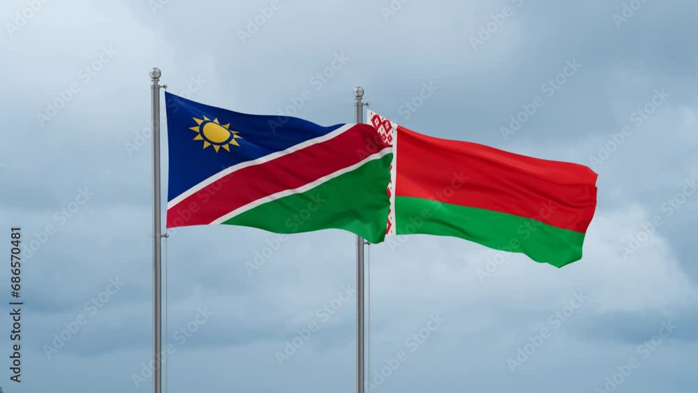 Belarus and Namibia flag waving together on cloudy sky, endless seamless loop, two country cooperation concept Belarus and Namibia flag waving together on cloudy sky, endless seamless loop, two country cooperation concept