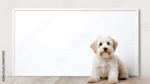 Elevate your brand with the charm of man's best friend! Our cute dog poses beside an empty frame on a clean white canvas—ideal for pet-related businesse