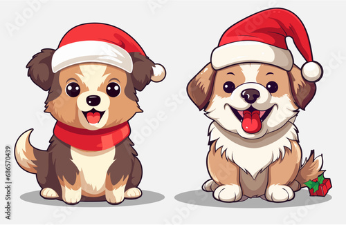 Two dogs in santa hats - Flat color vector illustration