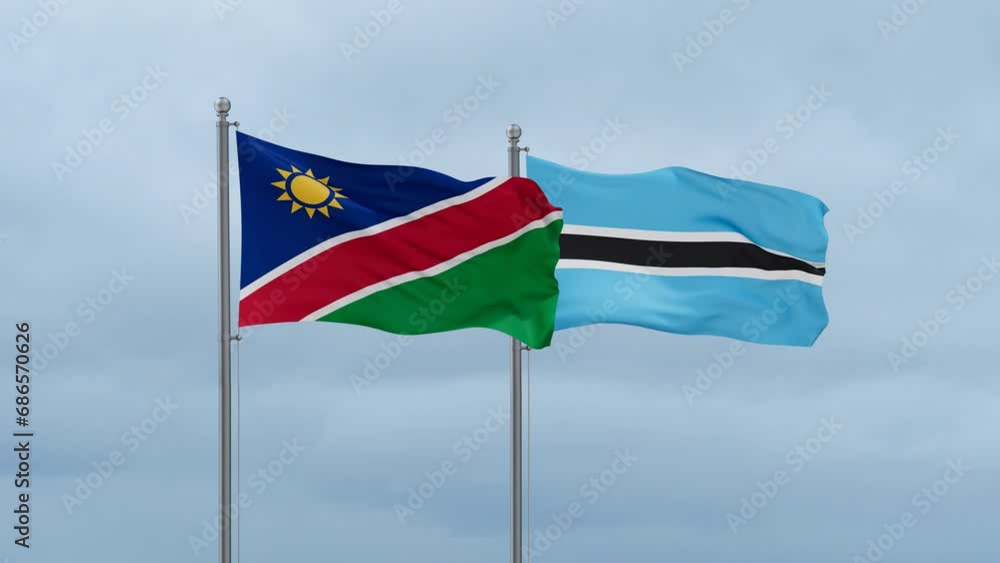 Botswana flag and Namibia flag waving together on cloudy sky, endless seamless loop, two country relations concept Botswana flag and Namibia flag waving together on cloudy sky, endless seamless loop, two country relations concept