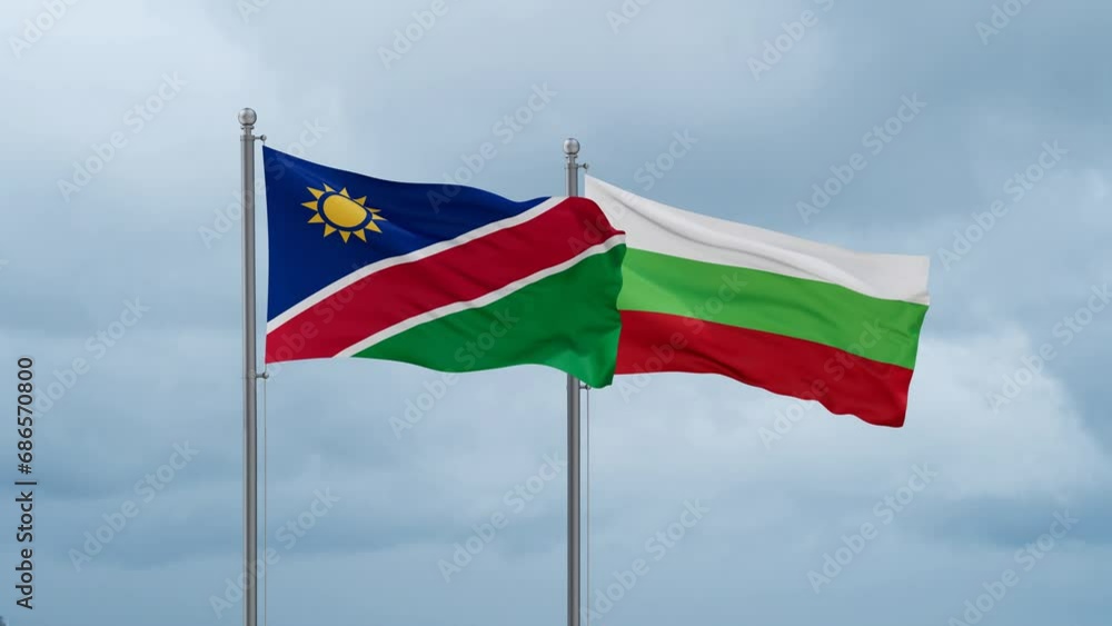 Bulgaria flag and Namibia flag waving together on cloudy sky, endless seamless loop, two country relations concept Bulgaria flag and Namibia flag waving together on cloudy sky, endless seamless loop, two country relations concept