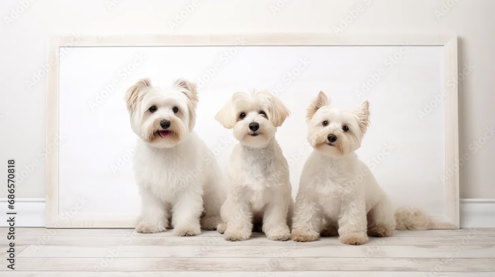 Two delightful dogs pose with an empty board against a pristine white background. Perfect for pet-related promotions,