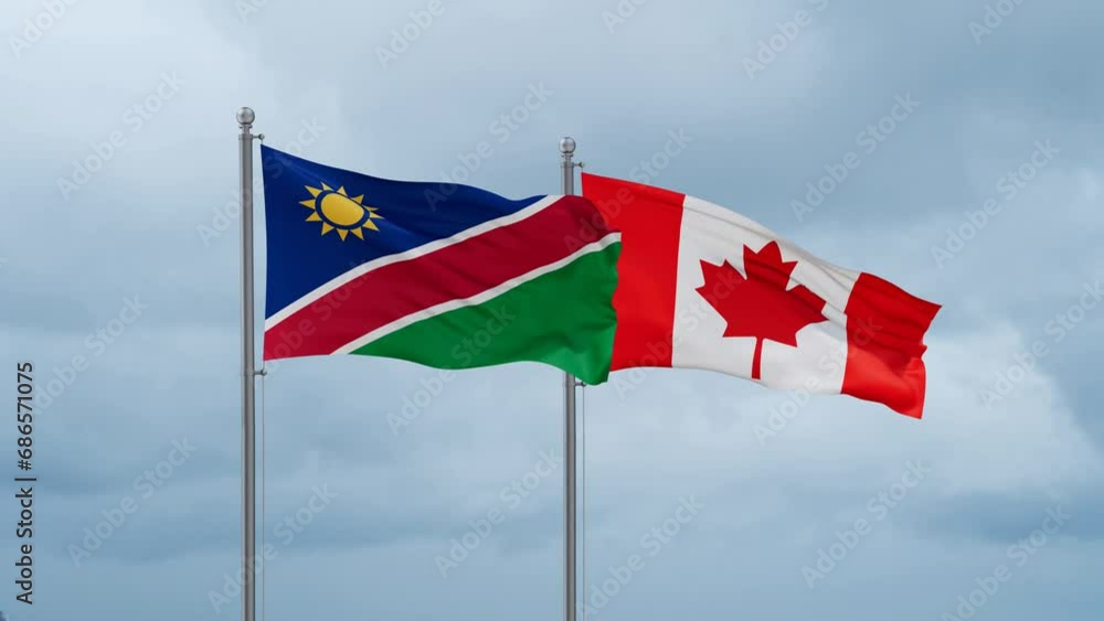 Canada and Namibia flag waving together on cloudy sky, endless seamless loop, two country cooperation concept Canada and Namibia flag waving together on cloudy sky, endless seamless loop, two country cooperation concept