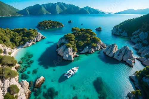 speed boat on blue aea at sunrise in summer. aerial view of motorboat in blue lagoon, rocks in clear azure watar, tropical landscape with vacht, mountain with green forest. top view oludeni photo