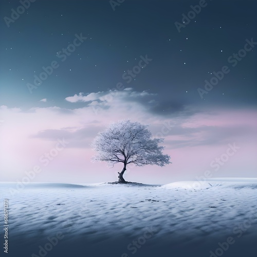 Winter landscape in a minimalist and aesthetic style with a view of snow, an endless field and the sea with silhouettes of trees and people: postcard, background, screensaver, empty space for text © KRvisualPRO