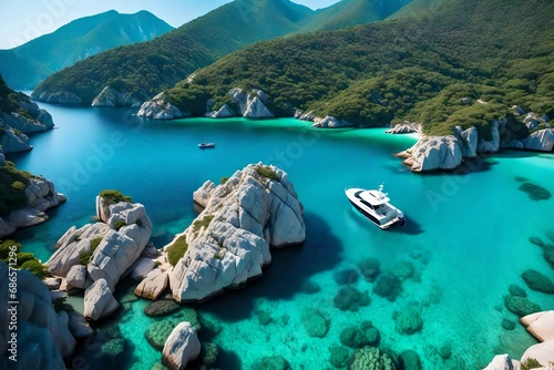 **speed boat on blue aea at sunrise in summer. aerial view of motorboat in blue lagoon, rocks in clear azure watar, tropical landscape with vacht, mountain with green forest. top view oludeni