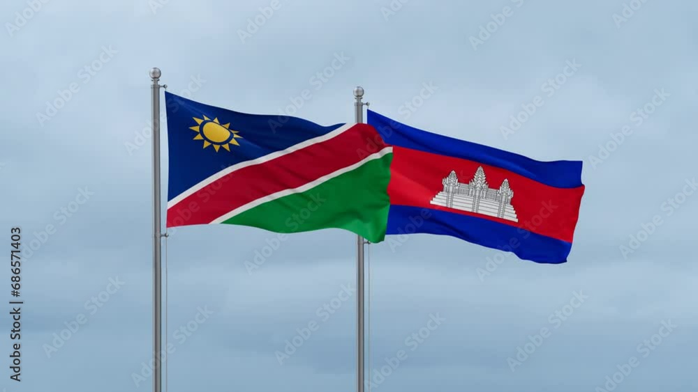 Cambodia flag and Namibia flag waving together on cloudy sky, endless seamless loop, two country relations concept Cambodia flag and Namibia flag waving together on cloudy sky, endless seamless loop, two country relations concept