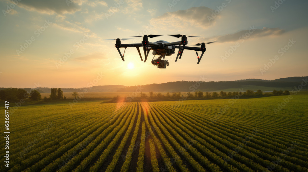 Drone flying over agricultural fields during sunset, with the fields arranged in neat rows below.