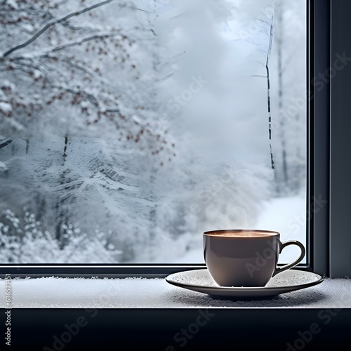 A cup with a hot drink (coffee, tea, cocoa) on the background of a snow-covered window, snow and winter in the background, cozy morning atmosphere, December, January, New Year, Christmas. Ai