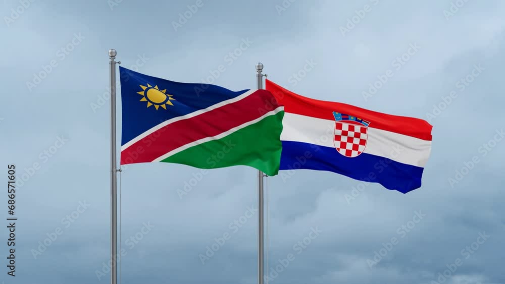Croatia and Namibia flag waving together on cloudy sky, endless seamless loop, two country cooperation concept Croatia and Namibia flag waving together on cloudy sky, endless seamless loop, two country cooperation concept