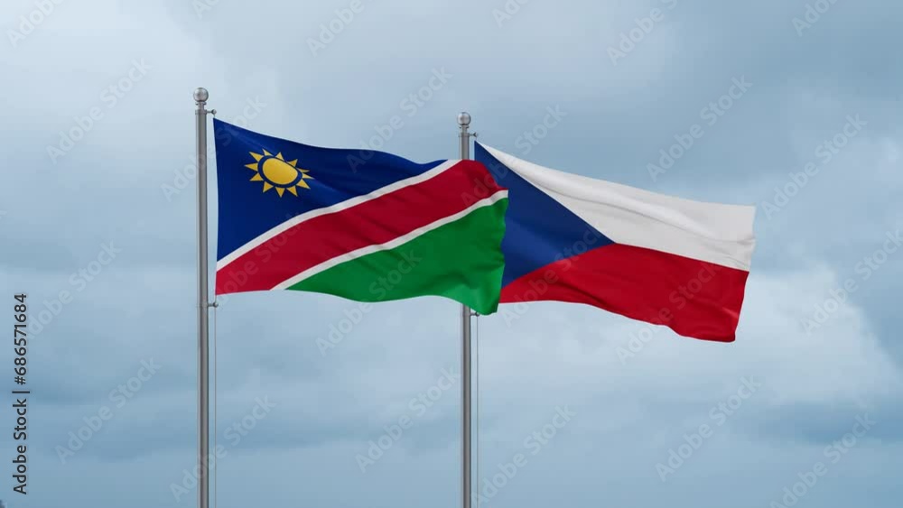 Czech Republic flag and Namibia flag waving together on cloudy sky, endless seamless loop, two country relations concept Czech Republic flag and Namibia flag waving together on cloudy sky, endless seamless loop, two country relations concept