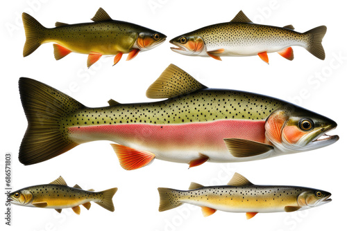 a high quality stock photograph of a collection of trout full body isolated on a white background
