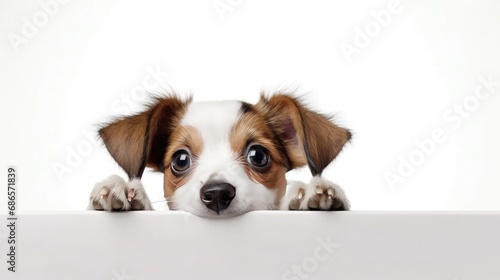 A charming dog poses with an empty frame on a clean white canvas