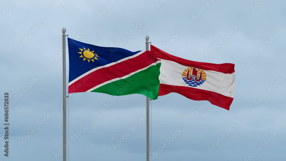 French Polynesia flag and Namibia flag waving together on cloudy sky, endless seamless loop, two country relations concept French Polynesia flag and Namibia flag waving together on cloudy sky, endless seamless loop, two country relations concept