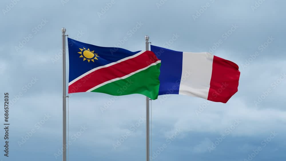 France and Namibia flags waving together on cloudy sky, endless seamless loop, two country relations concept France and Namibia flags waving together on cloudy sky, endless seamless loop, two country relations concept
