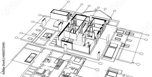  house architectural project sketch 3d illustration