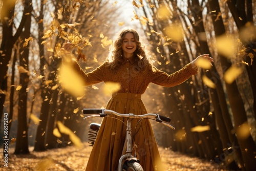 A cheerful girl rides a bicycle through a maple forest in autumn