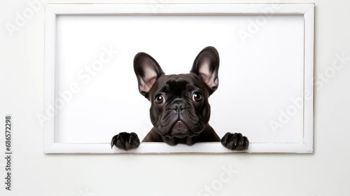A charming dog poses with an empty frame on a clean white canvas © pvl0707