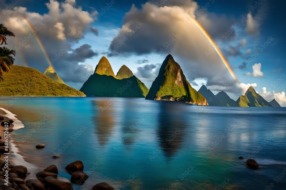**st lucia-caribbean sea with pitons and rainbow-- - obrazy, fototapety, plakaty 