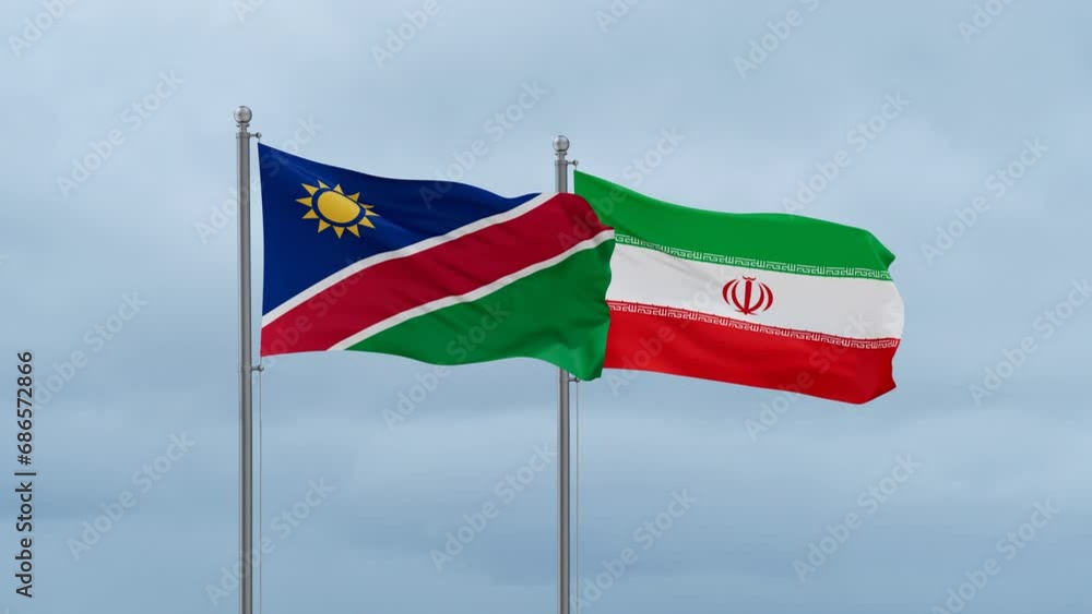 Iran flag and Namibia flag waving together on blue sky, looped video Iran flag and Namibia flag waving together on blue sky, looped video