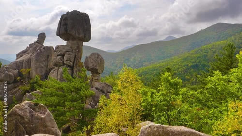 Sikhote alin mountains, Balanced Rocks resembling a human, Mountain ranges in Russia.  photo