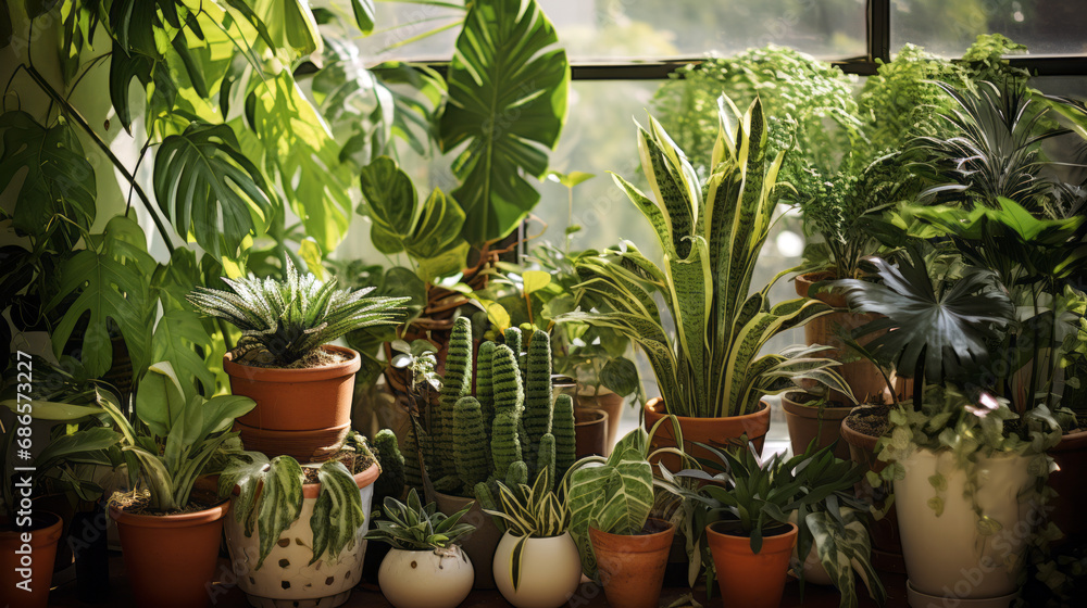 house plants, cacti and succulents in pots on the window sill house plants, cacti and succulents in pots on the window sill