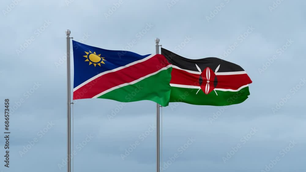 Kenya flag and Namibia flag waving together on cloudy sky, endless seamless loop, two country relations concept Kenya flag and Namibia flag waving together on cloudy sky, endless seamless loop, two country relations concept