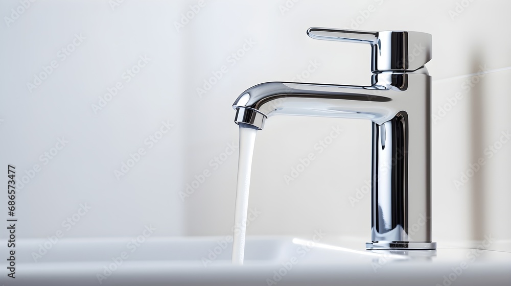 Close-up portrait of a water tap against white background, background image, AI generated - obrazy, fototapety, plakaty 