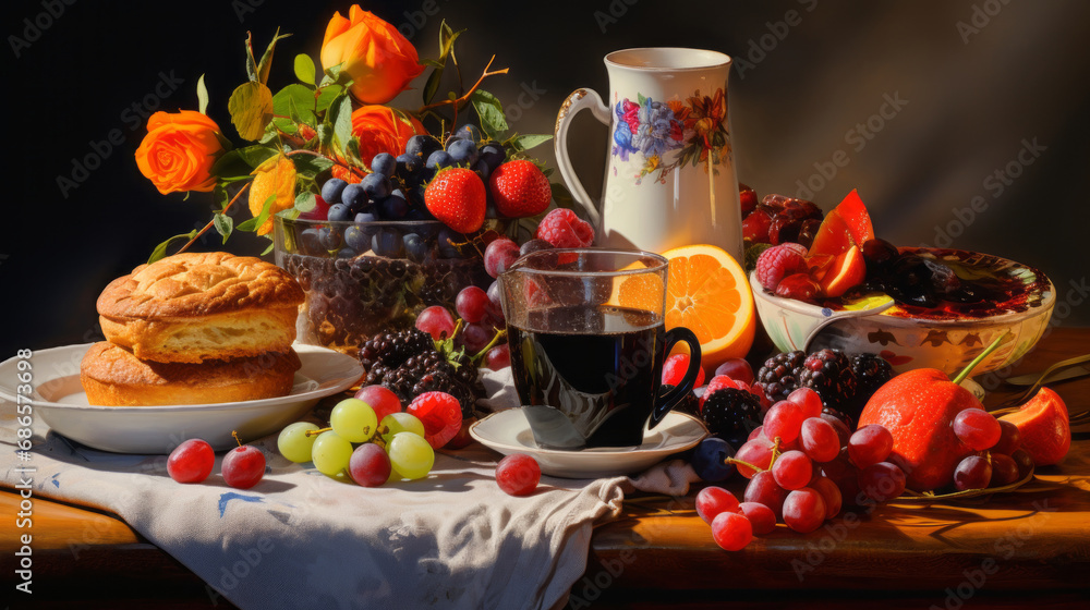 still life with fruit, coffee and breakfast pastries still life with fruit, coffee and breakfast pastries