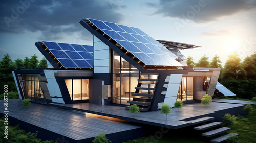 solar panels intergrated into the roof of a modern home photo