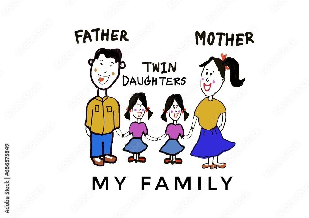 Hand drawn picture, Cute human cartoons characters of father, mother and twin daughters. Concept, warm and happy family. Illustration for using as teaching aids or design for decoration. Hand drawn picture, Cute human cartoons characters of father, mother and twin daughters. Concept, warm and happy family. Illustration for using as teaching aids or design for decoration.