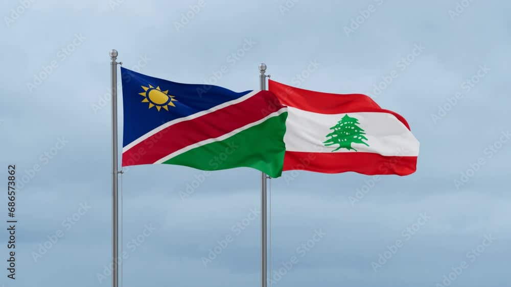 Lebanon flag and Namibia flag waving together on cloudy sky, endless seamless loop, two country relations concept Lebanon flag and Namibia flag waving together on cloudy sky, endless seamless loop, two country relations concept