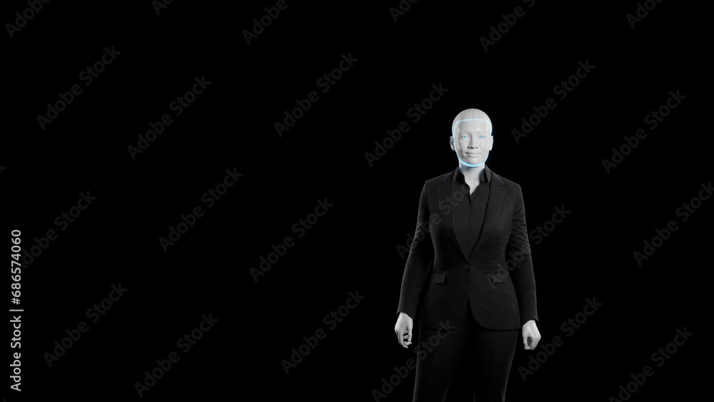 Cyborg in the studio. feMale robot in black business suit. Concept of robotization, the replacement of human labor. Robots occupy jobs. Realistic cyborg face, Modern illustration Cyborg in the studio. feMale robot in black business suit. Concept of robotization, the replacement of human labor. Robots occupy jobs. Realistic cyborg face, Modern illustration