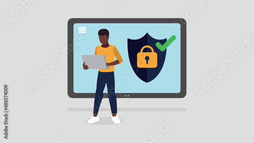 Ein Tablet mit sicherem Login-Symbol, ein Mann steht davor - Sicherheits Konzept
