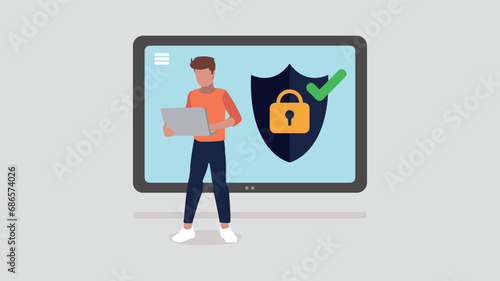 Ein Tablet mit sicherem Login-Symbol, ein Mann steht davor - Sicherheits Konzept