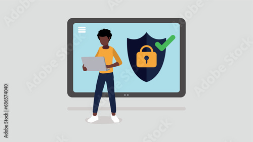 Ein Tablet mit sicherem Login-Symbol, ein Mann steht davor - Sicherheits Konzept